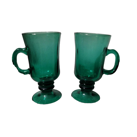 Vintage Set 2 Libbey Glass Pedestal Cups Mugs Handle Green Gold Trim Espresso - Picture 1 of 5
